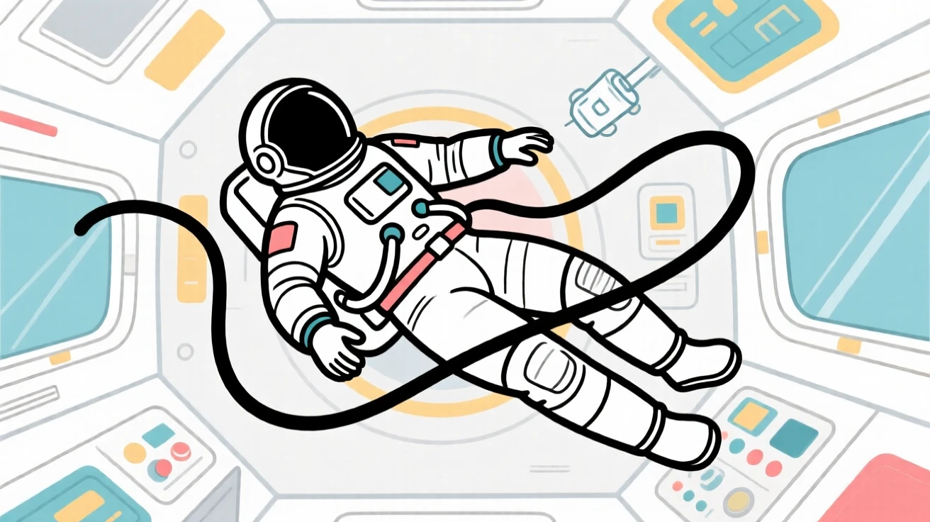 An astronaut floating weightlessly inside a spacecraft cabin.