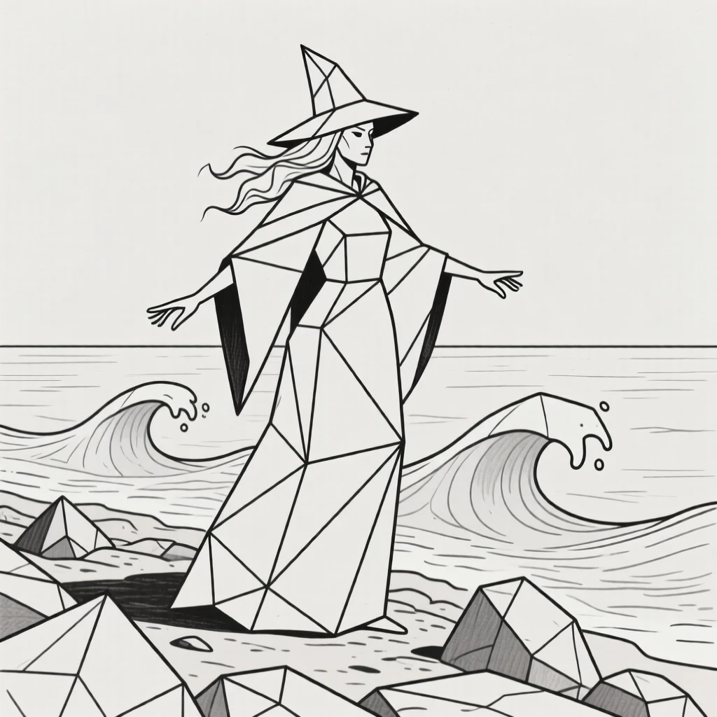 A sea witch conjuring waves from a rocky shore