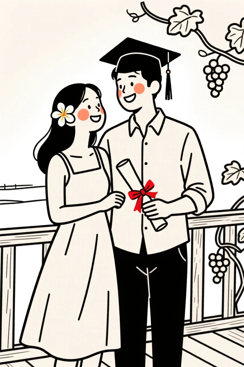 A young couple of Hawaiian heritage celebrating a graduation, on a vineyard terrace.