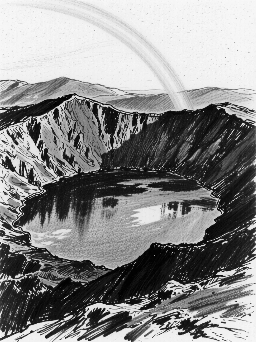 A volcanic crater lake with a rainbow stretching across the valley.