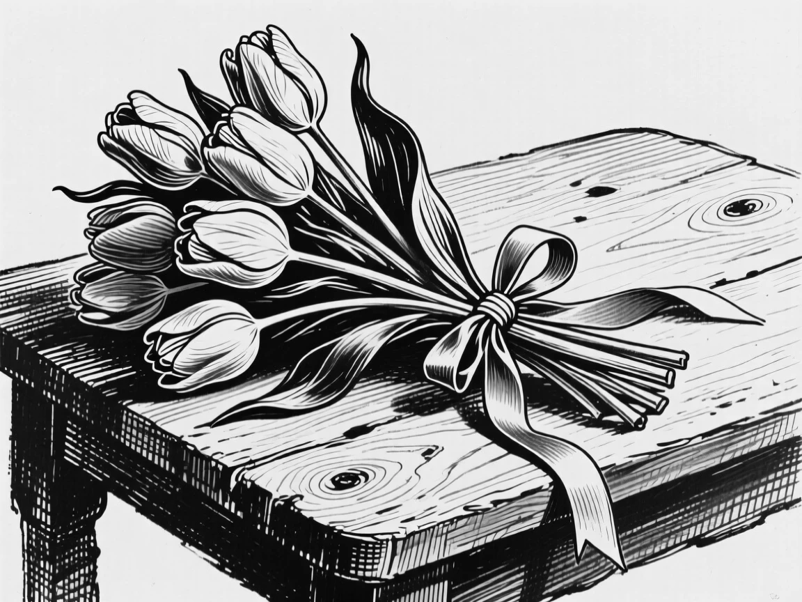 A bouquet of tulips tied with ribbon resting on a wooden table.