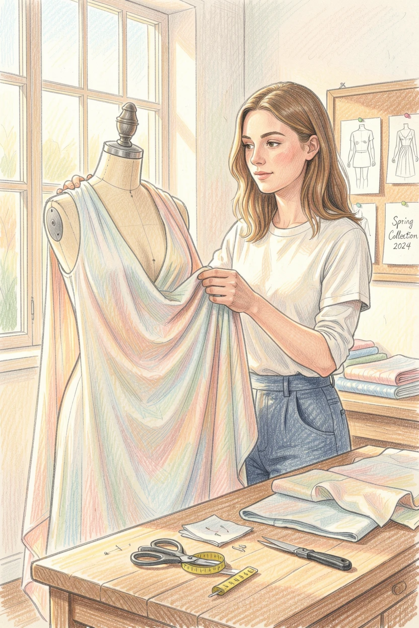 A fashion designer draping fabric on a mannequin in a sunlit studio, with expressive detail in the eyes and gentle facial features, celebrating everyday beauty and genuine emotion.