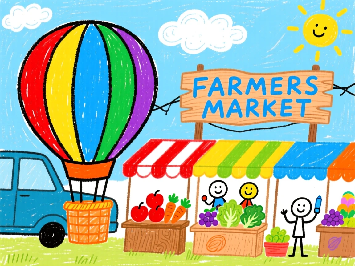 A colorful hot air balloon parked beside a colorful farmers market.