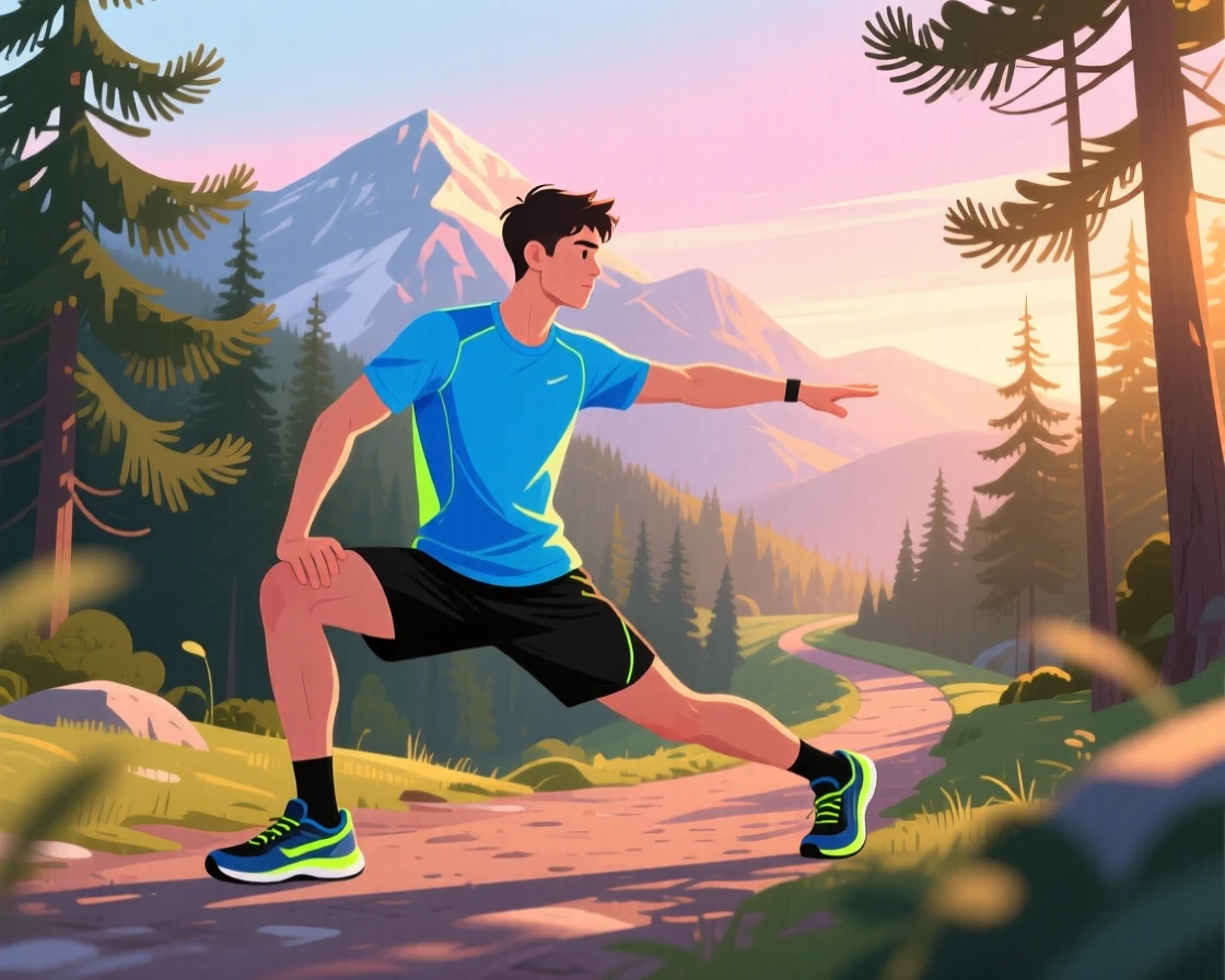 A young athlete stretching before a morning run, on a scenic mountain trail surrounded by pines, composed with gentle motion blur suggesting playful movement, with a sense of warmth and togetherness in every detail.