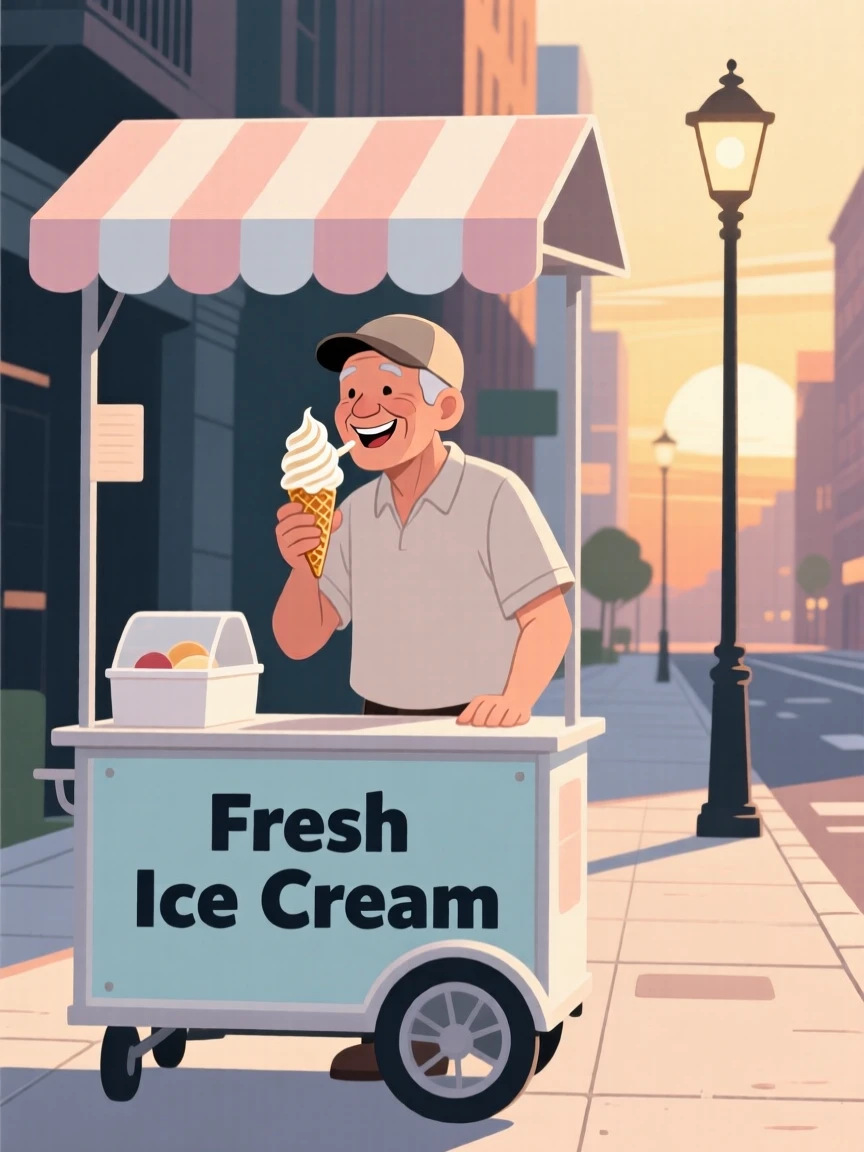A street vendor enjoying an ice cream cone on a quiet summer evening in the city.