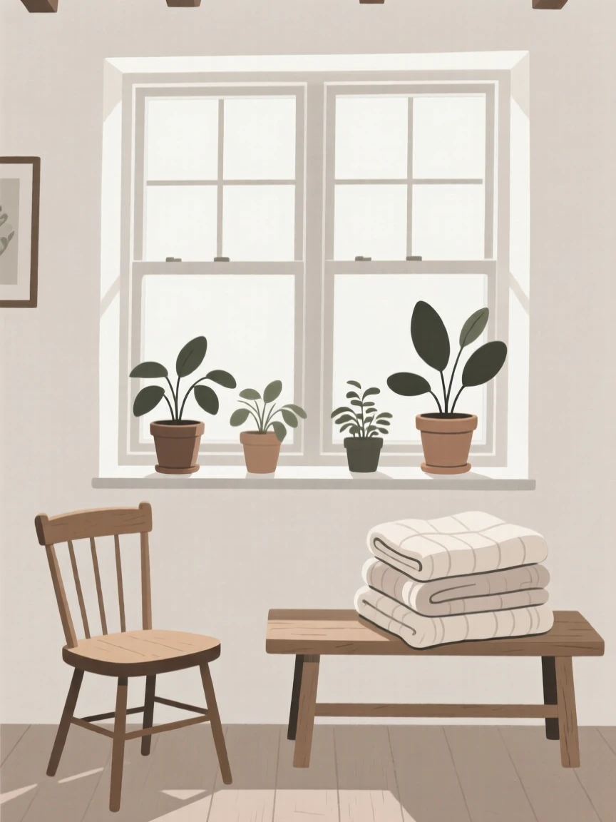 A cozy plant-filled sunroom filled with soft folded blankets, set in a countryside cottage, evoking calm comfort.
