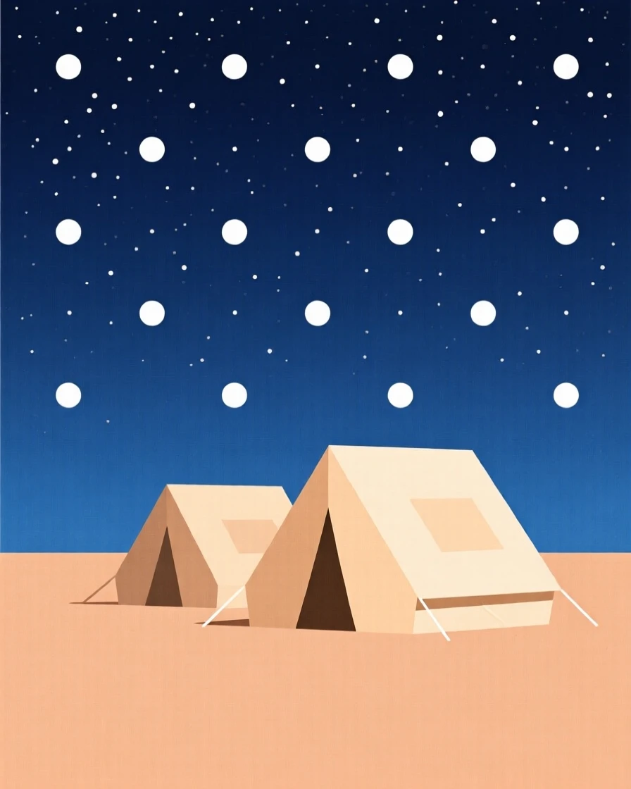 A desert camp with tents under a starry sky