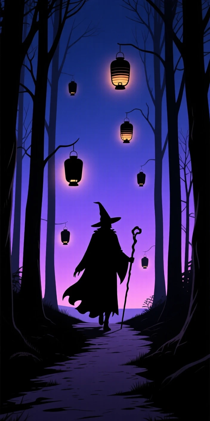 A lone sorcerer walking a path lit by floating lanterns through a dark forest.