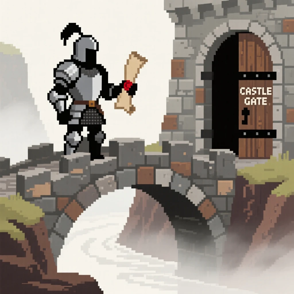 A knight in mismatched armor delivering a scroll to a castle gate, on a stone bridge over a misty ravine.