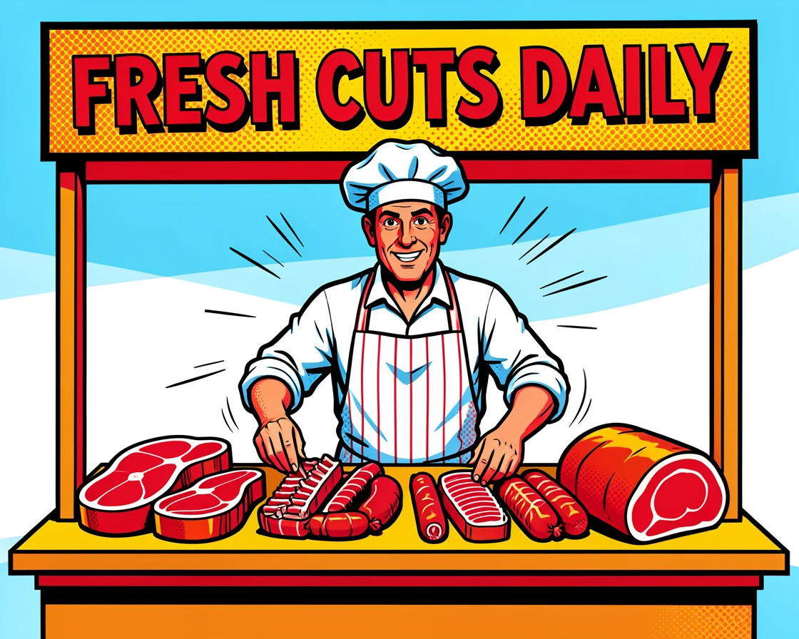 A butcher arranging a display of fresh cuts at a market stall