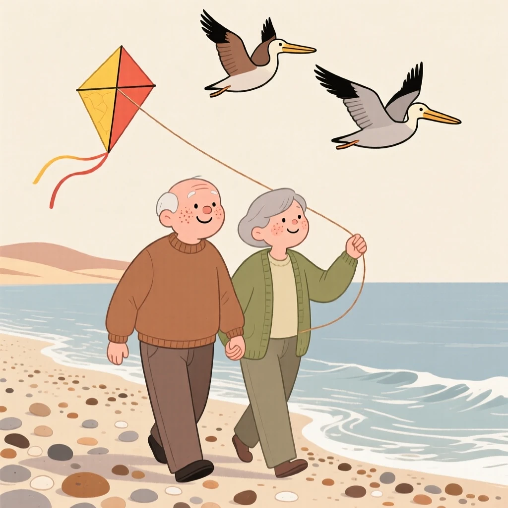 Waves roll gently onto a stretch of pebbled shore where two old friends walk along the shoreline, flying a small kite as pelicans glide overhead.