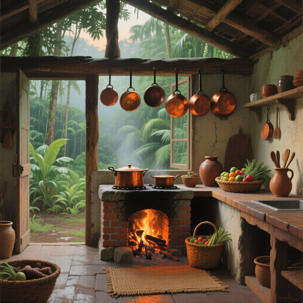 A broad landscape view of a farmhouse kitchen with copper pots hanging above a wood-fired stove, at the start of a humid summer, in the Amazon rainforest.
