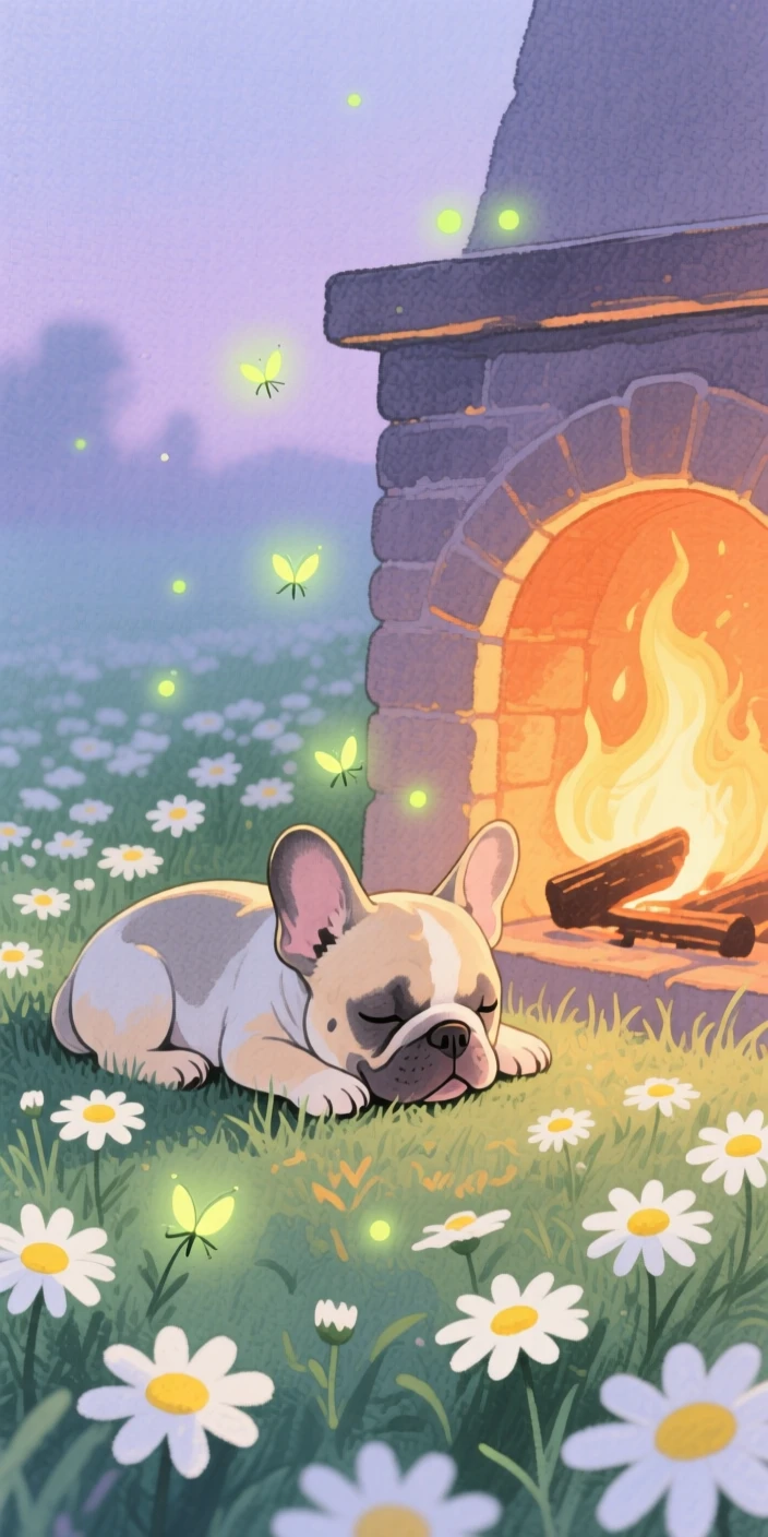 A French bulldog puppy dozes beside a warm hearth in a meadow full of daisies, as fireflies begin to glow at dusk