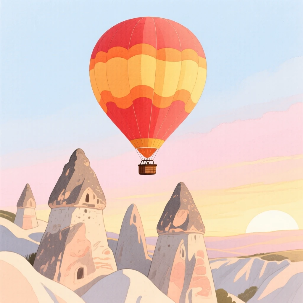 A stunning view of a hot air balloon rising over Cappadocia's stone chimneys.