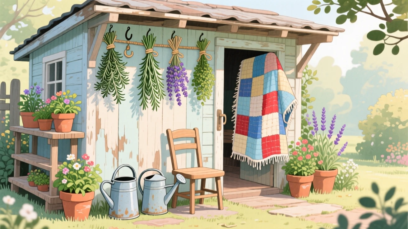 A garden shed with terracotta pots, watering cans, and hanging bundles of herbs, with a worn quilt draped over the nearest chair, radiating warmth and homely peace.