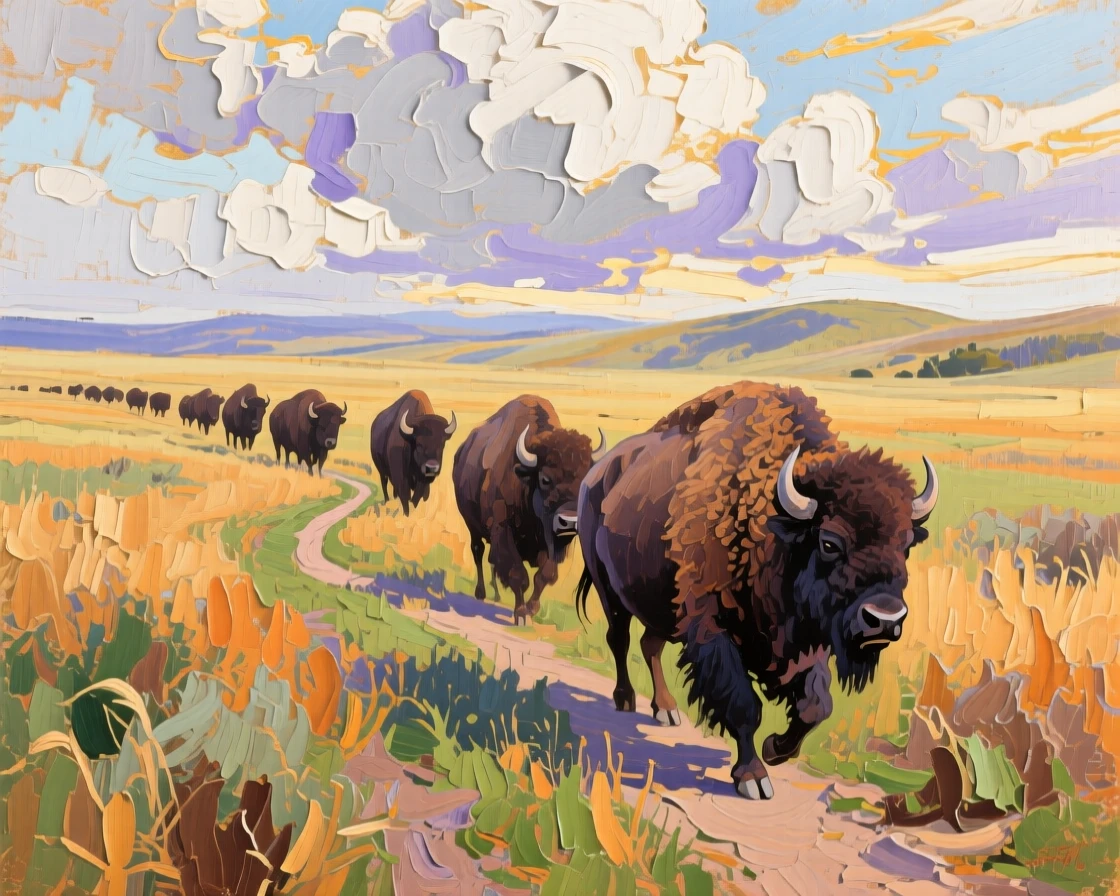 a herd of bison crossing a broad prairie, under a vast open sky, composed along a natural leading line.