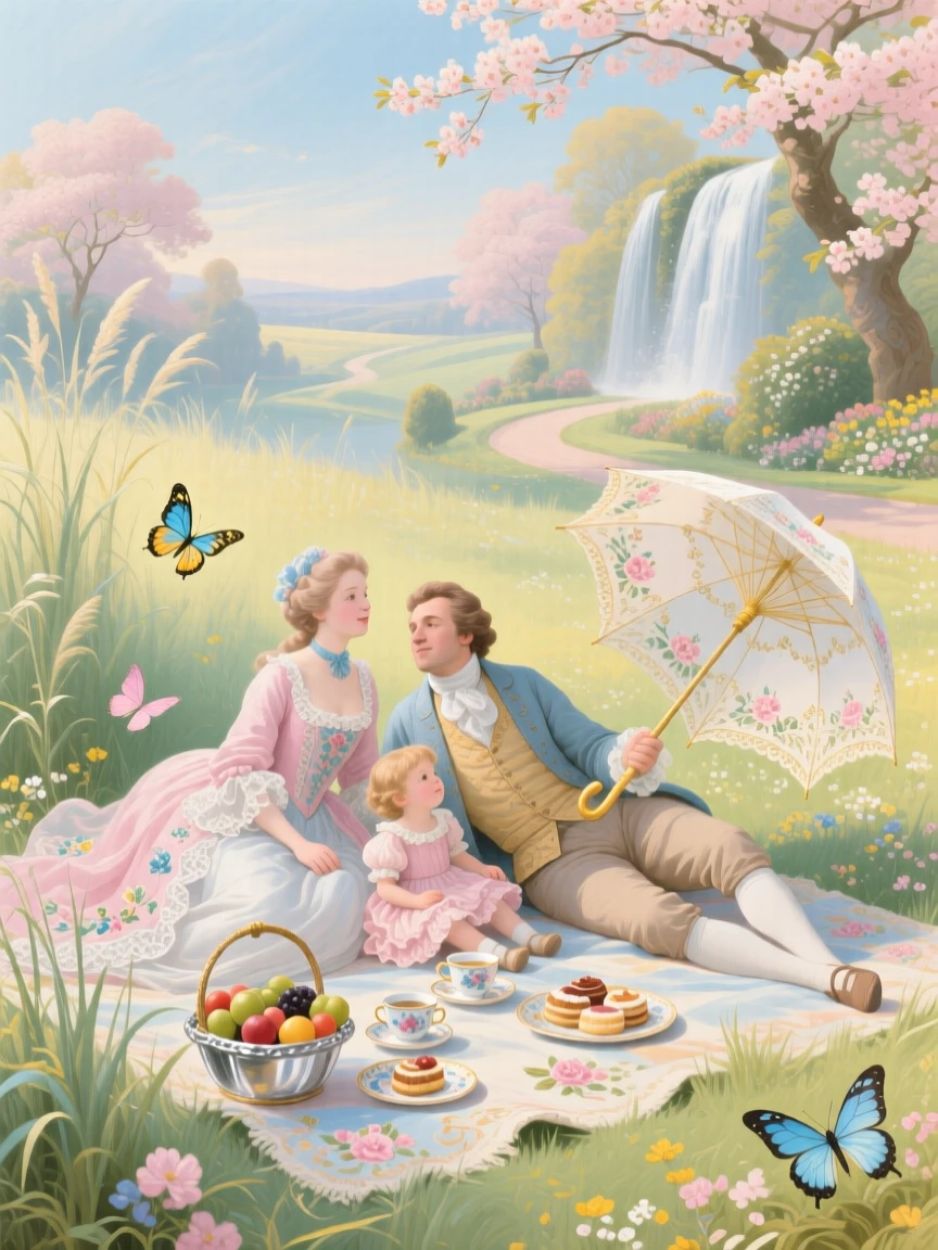 A spring family picnic with children chasing butterflies through tall grass  