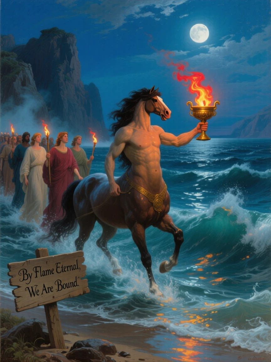 A centaur leads a procession through a foaming, moonlit sea beneath the light of an eternal flame.