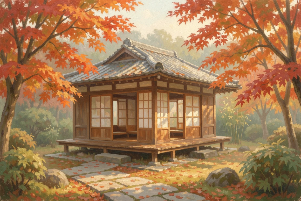 A traditional tea house in Kyoto surrounded by a garden of maple trees in full autumn color.