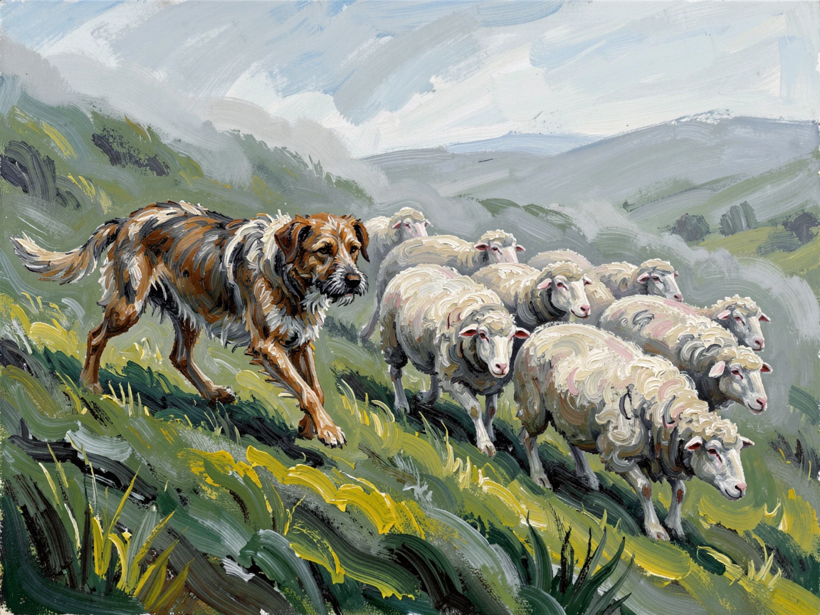 A weathered shepherd dog herding sheep across a misty green hillside.
