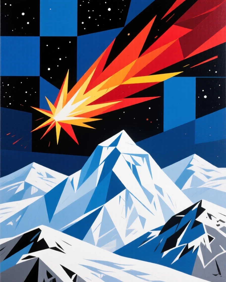 A comet blazing across the night sky above a snow-covered mountain range.