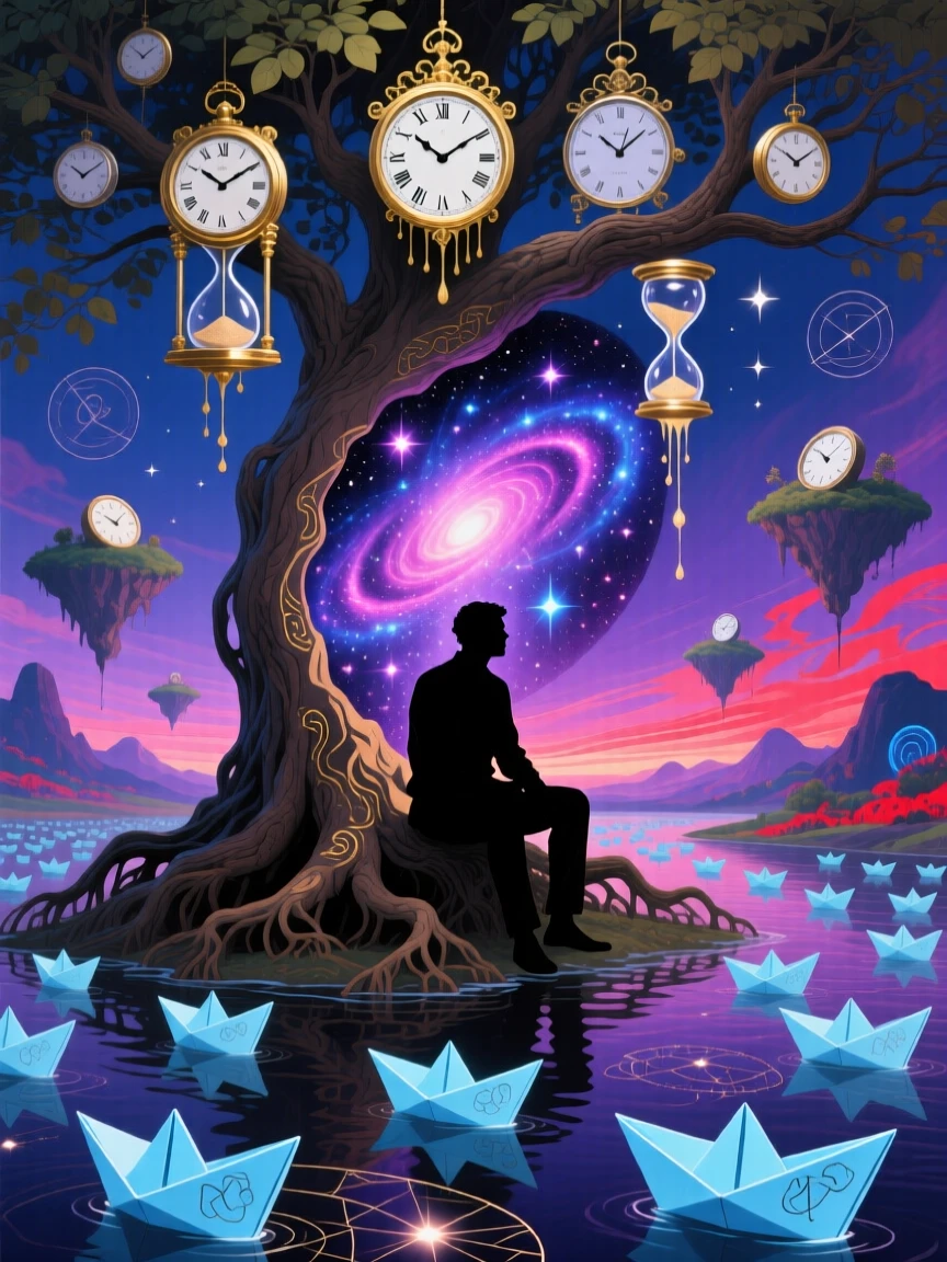 A man whose silhouette is filled with a swirling galaxy sits beneath a tree whose leaves are made of clock faces, as tiny paper boats drift past their feet.