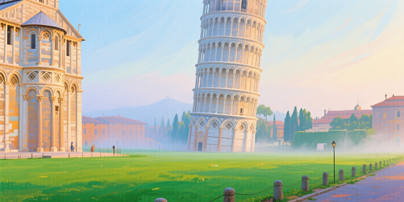 The Leaning Tower of Pisa beside a quiet green lawn, wrapped in soft morning fog, a soft haze giving the scene a dreamlike quality
