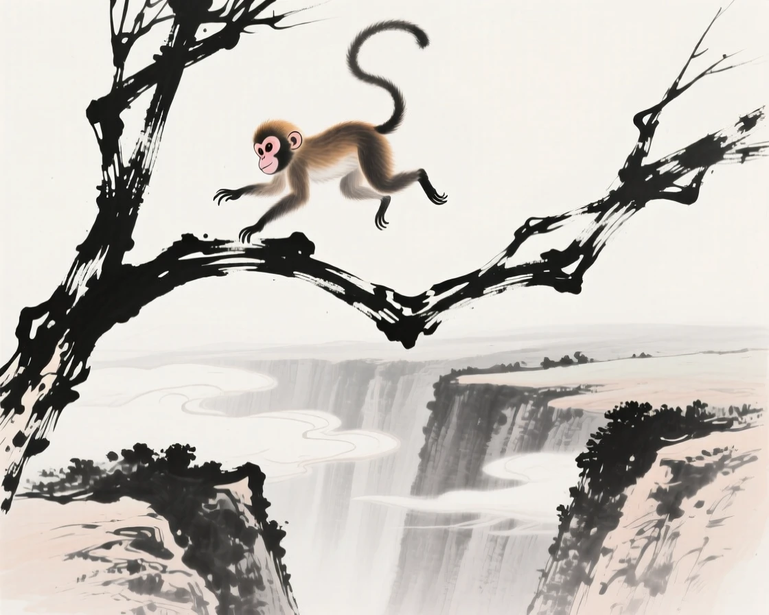 A young monkey leaps between two swaying branches, as clouds drift through the gorge below.