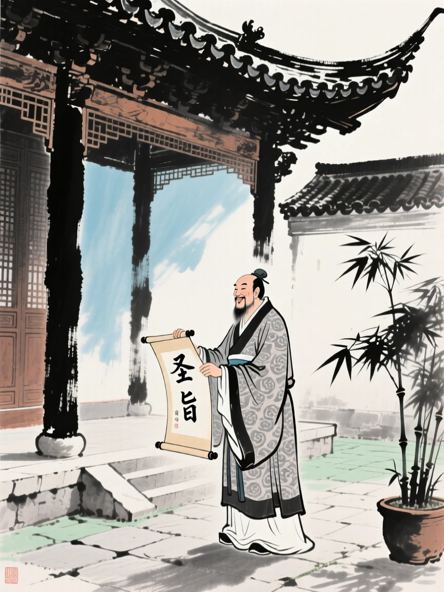 A scholar receiving an imperial edict beneath the eaves of a great hall, suffused with quiet joy, in the soft light of late afternoon.