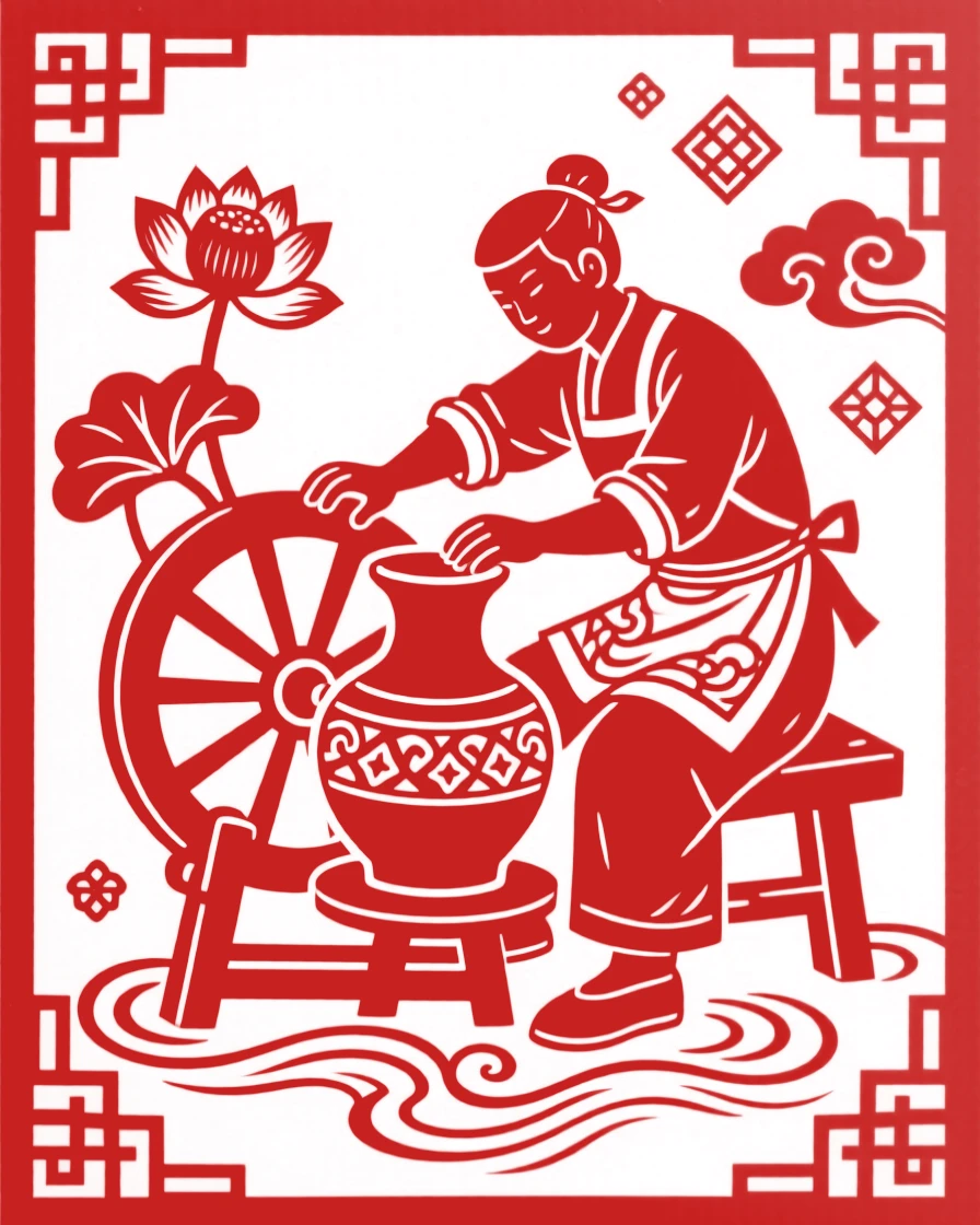 A potter shaping clay on a spinning wheel, hands steady as the vessel rises beneath careful fingers