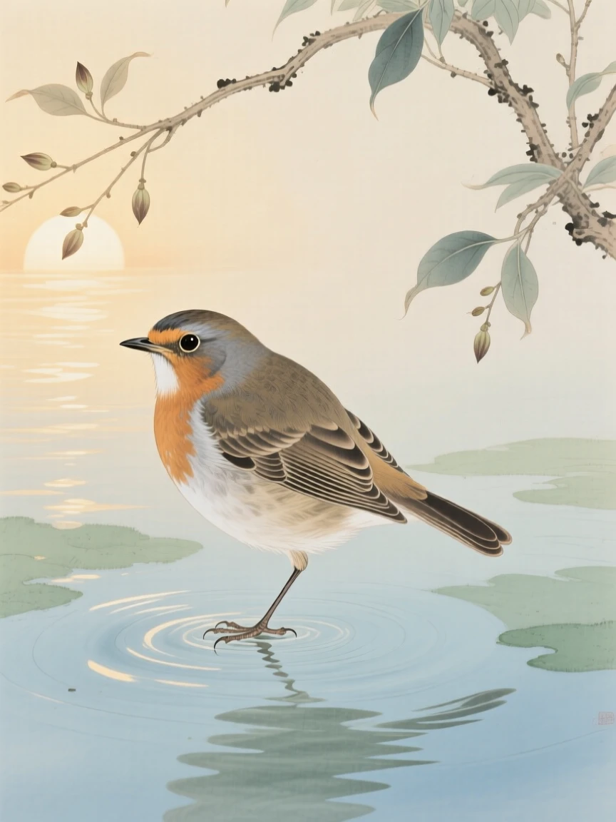 A robin standing on one leg in shallow water at sunrise, soft morning light filtering through the branches