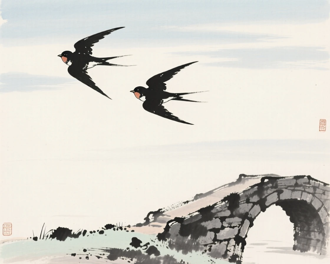 A pair of swallows soaring high against an open sky near an old stone bridge, positioned in one corner, leaving airy negative space, suggesting renewal and the gentle passage of seasons.