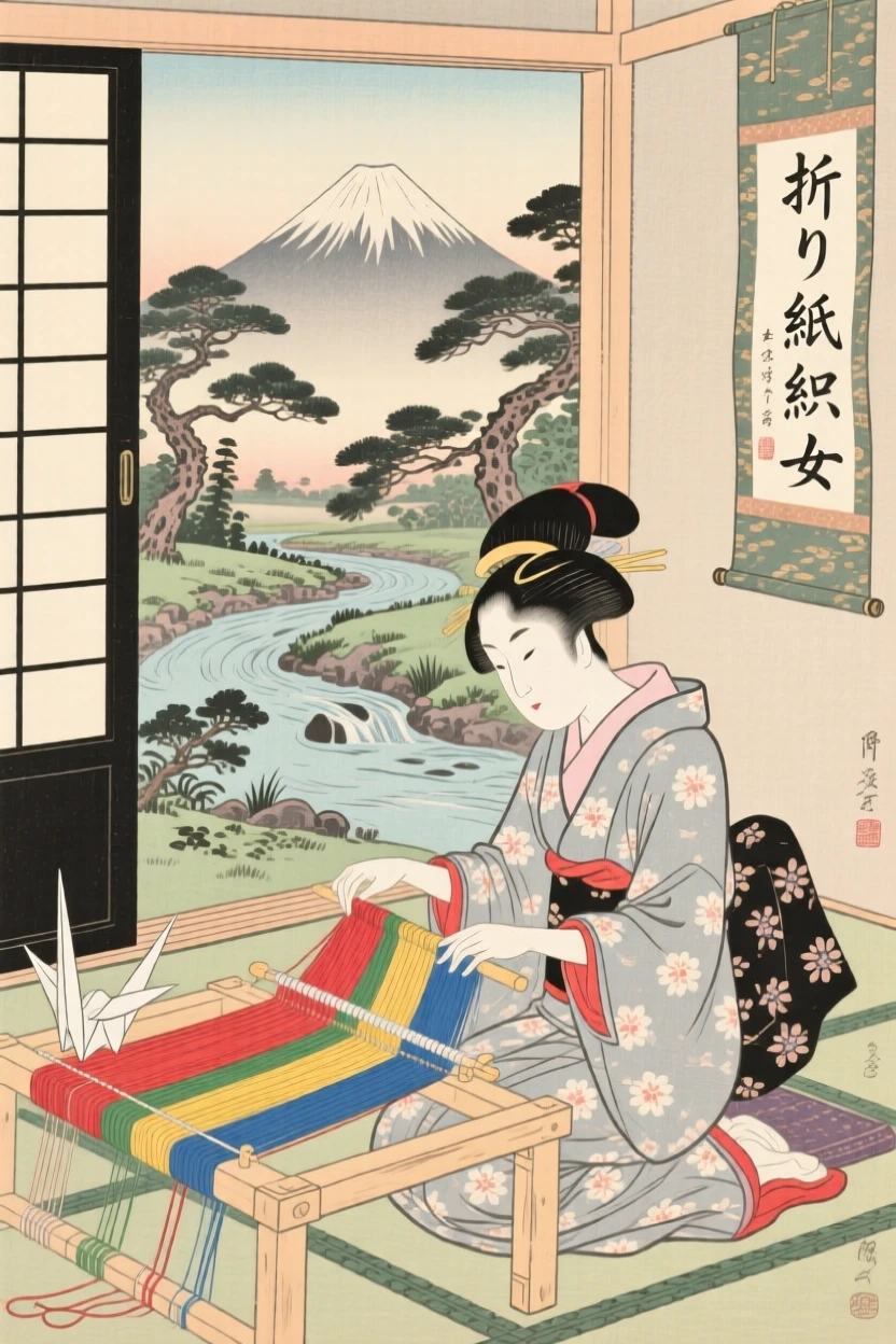An origami artist weaving colorful threads into cloth.