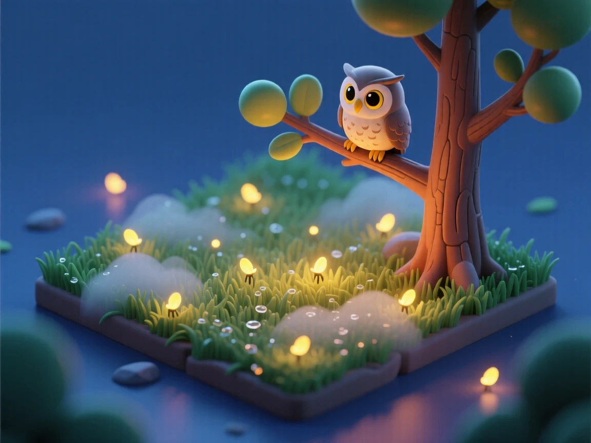 A quiet forest clearing filled with glowing fireflies at dusk, a soft mist settling over the grass, and an owl watching from a low branch.