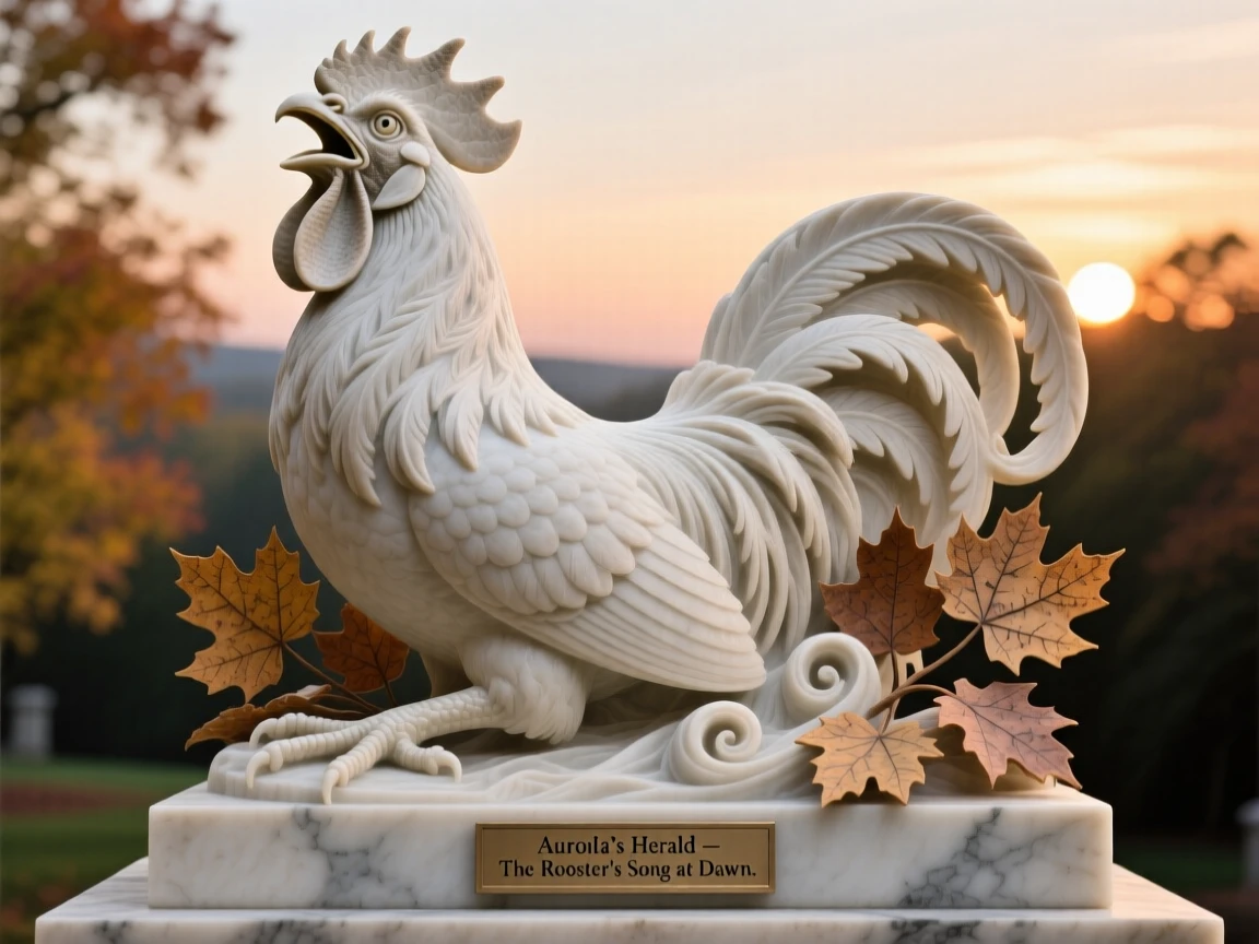 A striking close-up of a rooster crowing at sunrise, full of life and grace, surrounded by autumn foliage