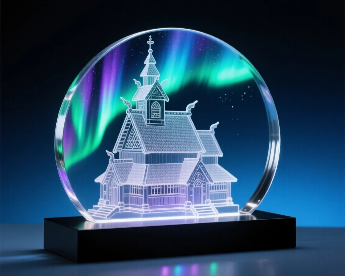 The Northern Lights over a Scandinavian stave church at blue hour with soft ambient lighting beginning to glow, reflections shimmering nearby, evoking timeless elegance.