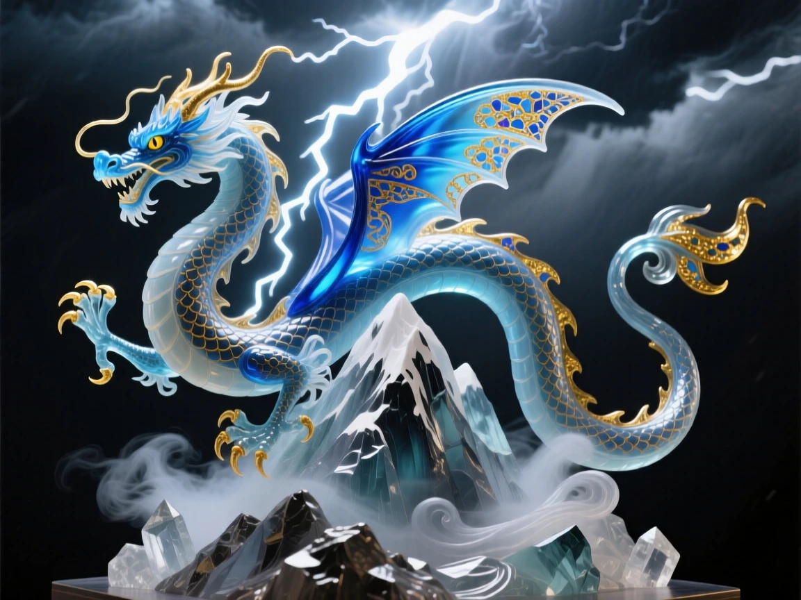 A thunder dragon coiling around a mountain peak during a storm, primal and awe-inspiring.