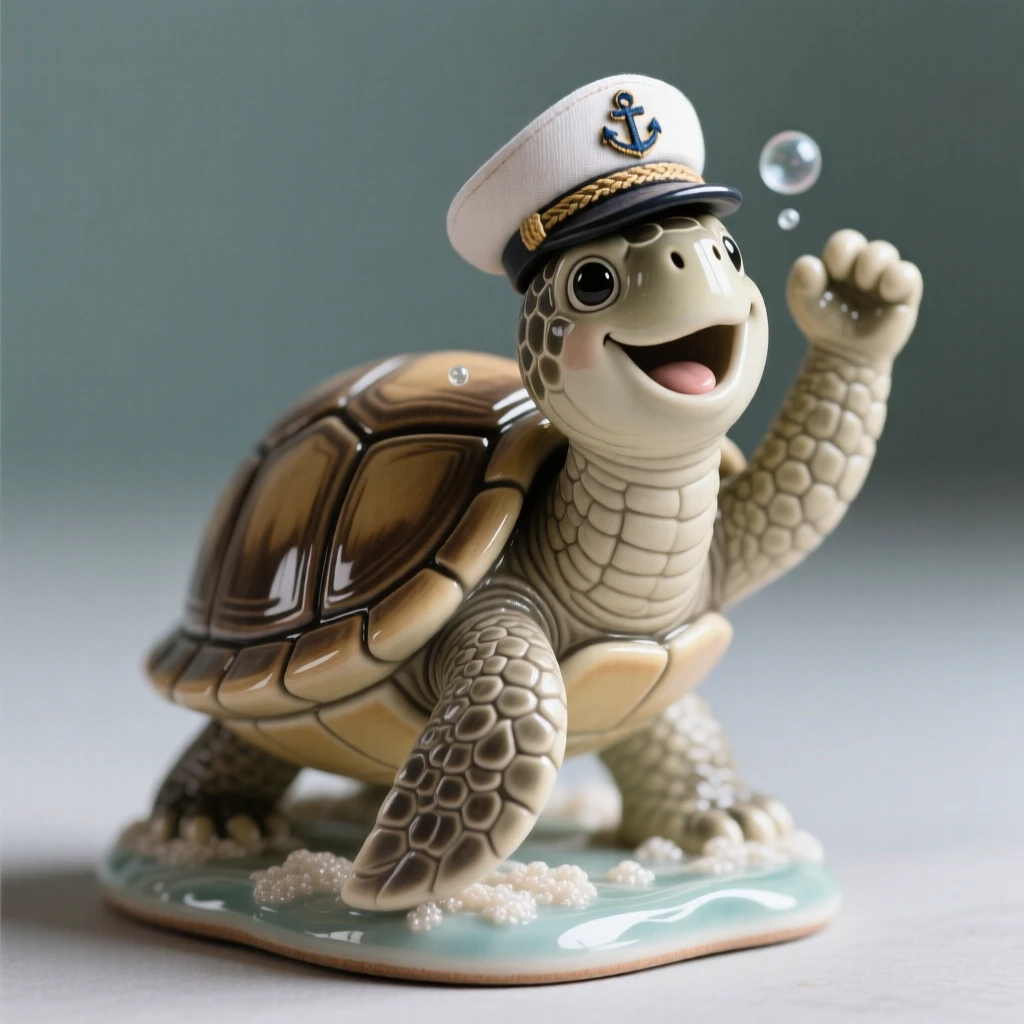 A turtle wearing a tiny sailor's cap captured mid-celebration with joyful energy, dotted with small whimsical touches throughout, conveying pure, heartwarming whimsy.