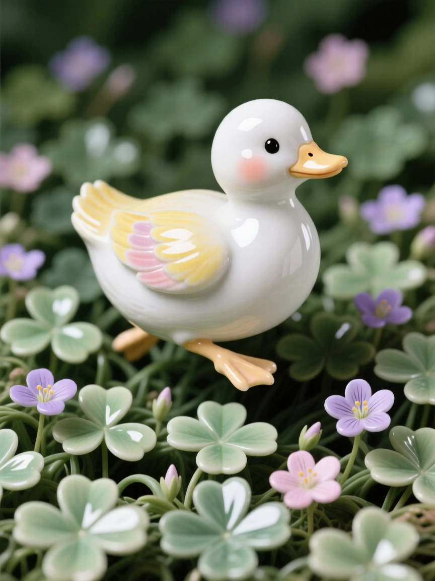 A tiny duckling hopping through a bed of clover, surrounded by tiny wildflowers.