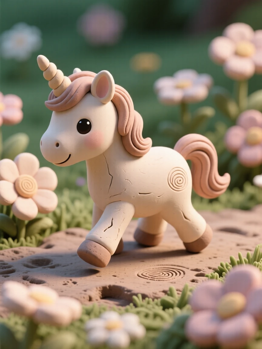 A baby unicorn taking its first wobbly steps in a flower meadow