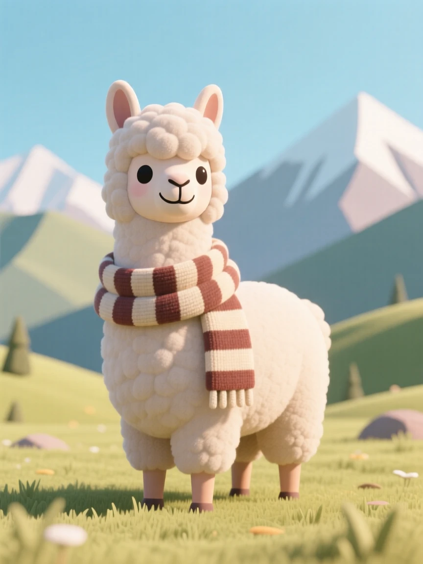 A fluffy Alpaca with a wooly striped scarf stands proudly in a sunny mountain pasture.