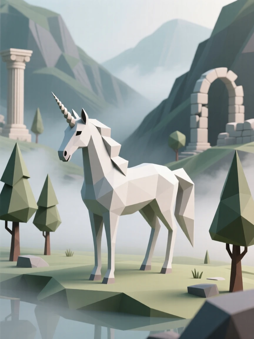 A unicorn standing in an enchanted glade, within a valley shrouded in enchanted mist. intricate details enrich the ancient architecture. The scene feels magical and full of wonder.
