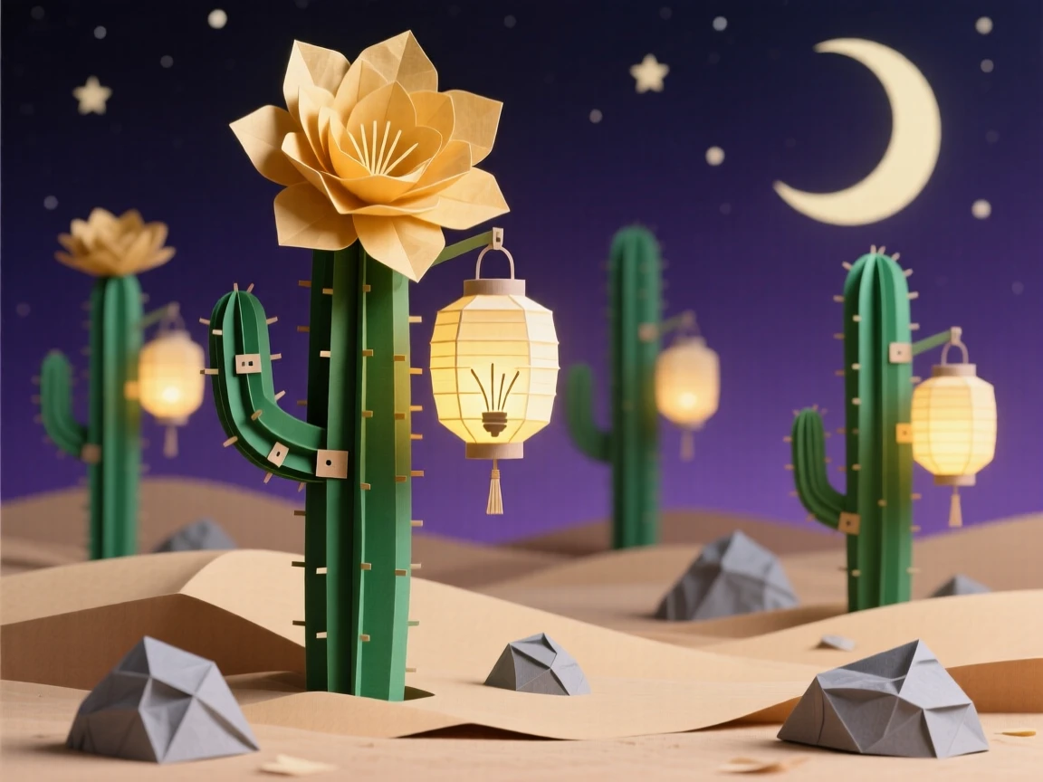 A surreal desert where towering cacti bloom with glowing lanterns instead of flowers, under a deep purple night sky, evoking whimsical night wonder.