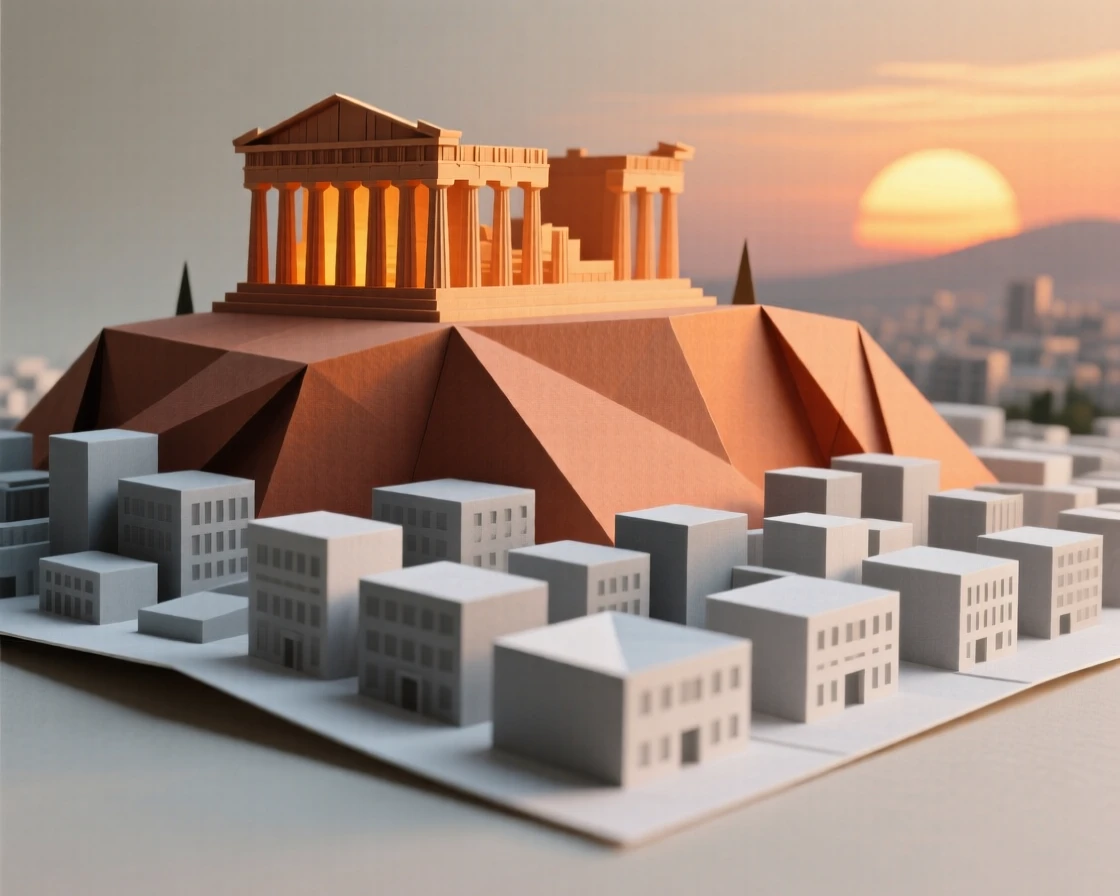 The ancient ruins of the Acropolis glowing warmly at sunset over modern Athens below.