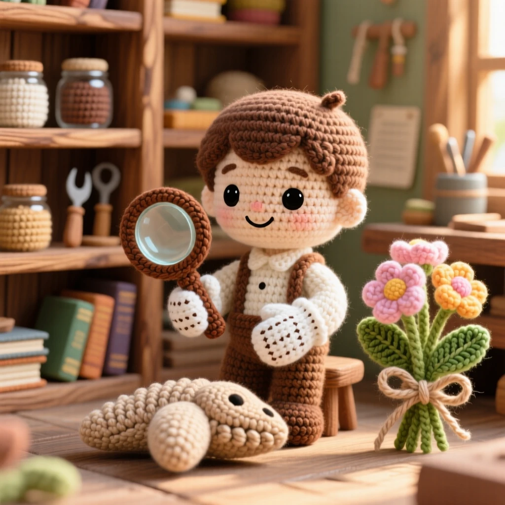 A charming scene of a small boy museum curator with white gloves and a magnifying glass, examining a small fossil with wonder inside a sunlit workshop lined with wooden shelves; a bundle of fresh flowers tied with twine adds to the moment, full of cheerful industriousness and community spirit.