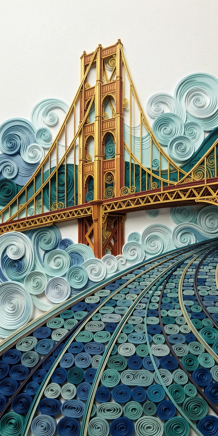 A breathtaking view of the Golden Gate Bridge emerging from rolling fog beside a quiet cobblestone street, in a rich palette of blue, teal, and gold, composed with strong leading lines drawing the eye inward.