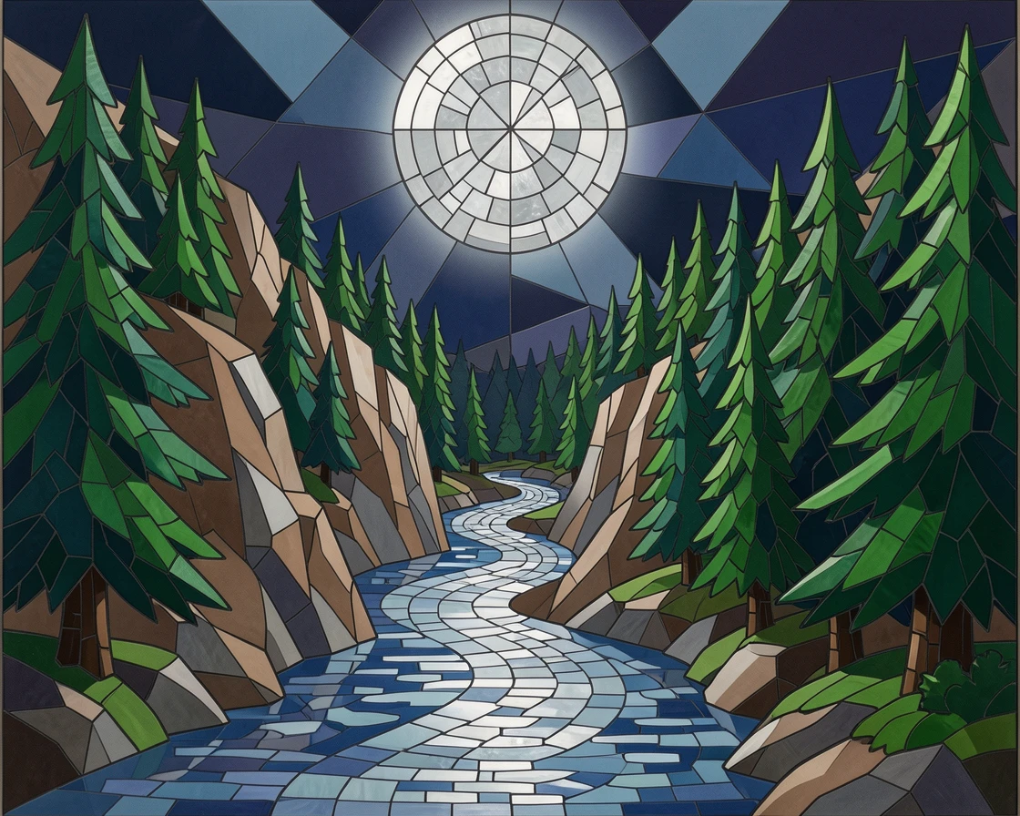 A winding river cutting through a deep forested gorge, glowing under the silver light of a full moon.