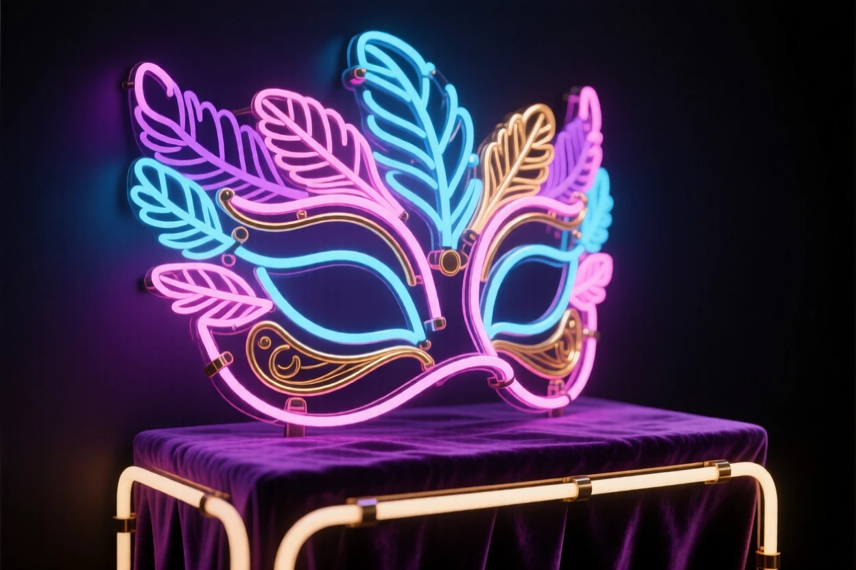 An ornate feathered mask resting on a velvet display stand.
