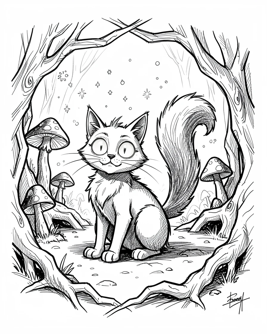 A tiny wizard's familiar cat with glowing eyes in an enchanted forest clearing.