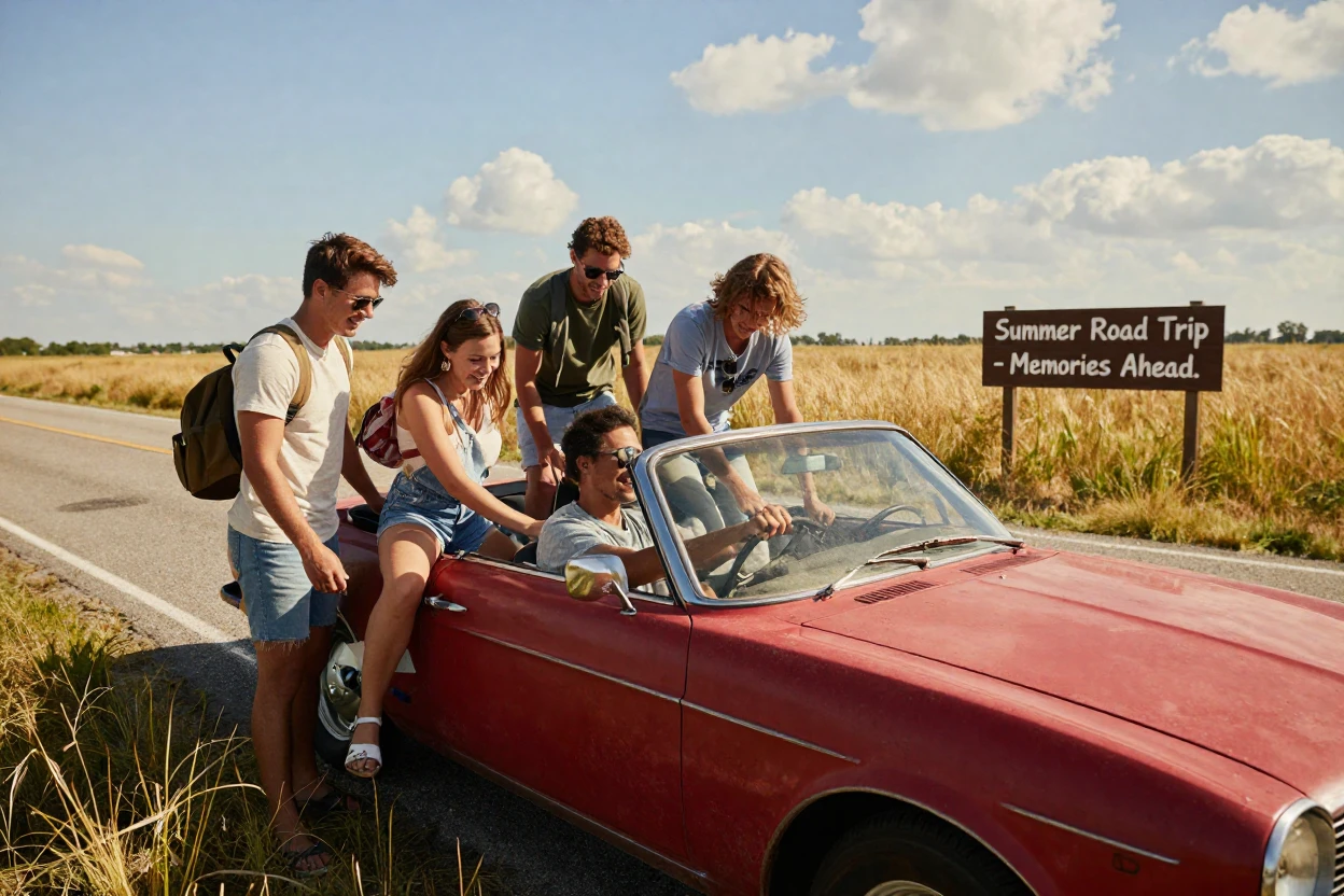 A group of friends piles into an old convertible for a summer road trip.